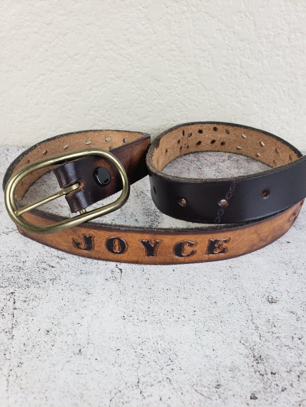 Vintage Azteca Leather Tooled Name Belt JOYCE Perforated Boho Western size 24